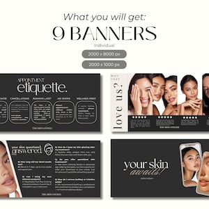 May include: A promotional image featuring nine banners for The Skin Lounge. The banners are in a minimalist style with a black and white color scheme. The banners include text such as "Appointment Etiquette" and "Your Skin Awaits!"
