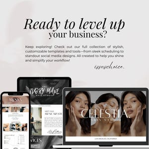 May include: A promotional image featuring a smartphone, tablet, and laptop displaying website designs for beauty businesses. The text reads "Ready to level up your business?" and promotes customizable templates and tools.