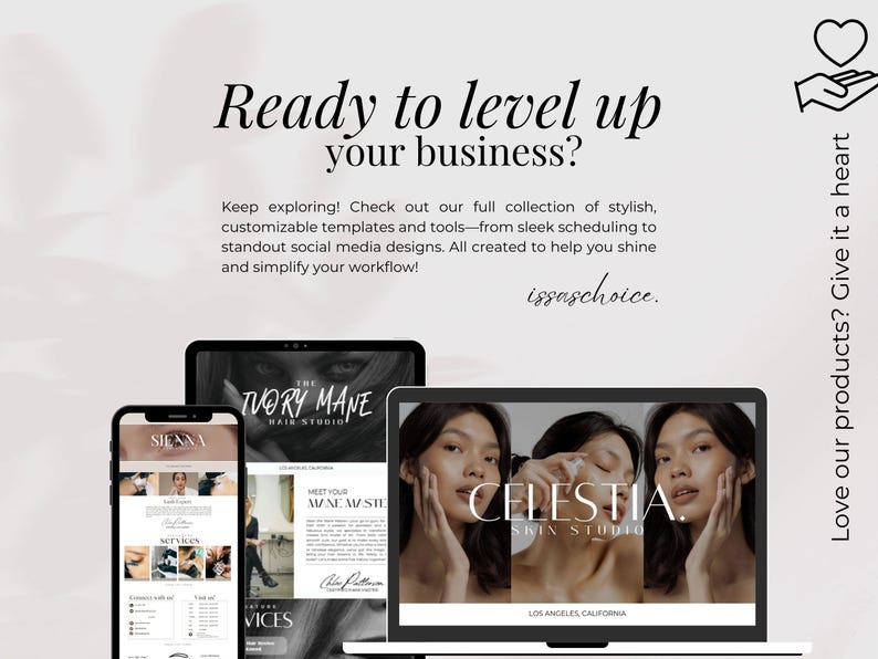 May include: A promotional image featuring a smartphone, tablet, and laptop displaying website designs for beauty businesses. The text reads "Ready to level up your business?" and promotes customizable templates and tools.