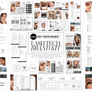 May include: A digital lash tech brand kit template set featuring over 150 editable items including client forms, business cards, flyers, logos, pricelists, and social media graphics. The collection uses a black and white aesthetic with text.
