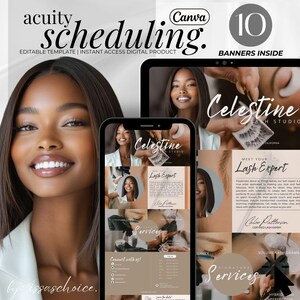 Könnte beinhalten: Eine digitale Marketingvorlage für ein Wimpernstudio. Die Vorlage zeigt eine Collage aus Bildern einer Frau mit langen Wimpern, einer Wimpernstylistin und Wimpernextensions. Die Vorlage enthält auch Text, der "Celestine Lash Studio" und "Lernen Sie Ihren Wimpernexperten kennen" lautet.