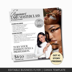 Op de afbeelding: Een flyer voor een Beginner Lash Masterclass van The Beautyhaven. De flyer bevat cursusinhoud, functies en trainingskosten. De flyer toont ook een vrouw en afbeeldingen van wimperapplicaties. De tekst op de flyer luidt: "Verander je passie in een beroep."