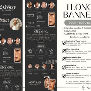 May include: A long, dark banner with the text "The Skin Lounge by Camille" and "1 Long Banner." It includes sections for services, contact information, and a list of benefits. The banner features images of people and a phone.
