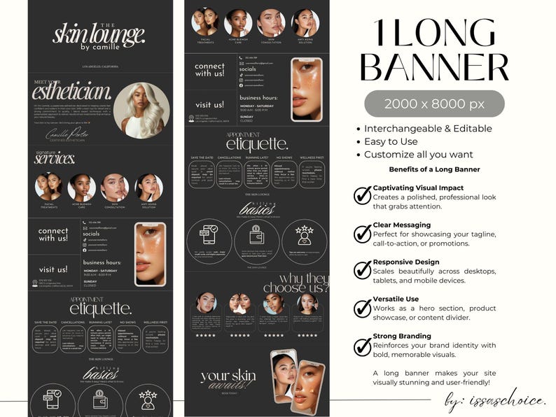 May include: A long, dark banner with the text "The Skin Lounge by Camille" and "1 Long Banner." It includes sections for services, contact information, and a list of benefits. The banner features images of people and a phone.