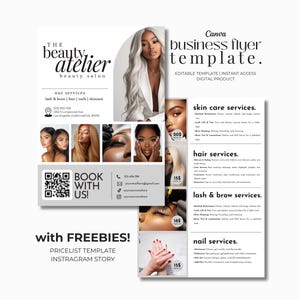May include: A Canva business flyer template for a beauty salon. The flyer features a woman with long blonde hair, service images, and the text "The Beauty Atelier". Includes a pricelist template and Instagram story.