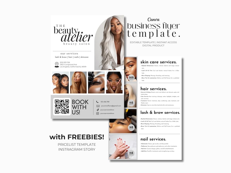 May include: A Canva business flyer template for a beauty salon. The flyer features a woman with long blonde hair, service images, and the text "The Beauty Atelier". Includes a pricelist template and Instagram story.