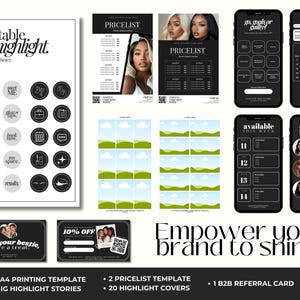 May include: A collection of digital templates for social media and business use. Includes Instagram highlight covers, pricelist templates, a referral card, and A4 printing templates. The design is primarily black and white with a modern aesthetic.