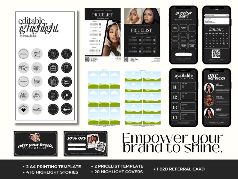 May include: A collection of digital templates for social media and business use. Includes Instagram highlight covers, pricelist templates, a referral card, and A4 printing templates. The design is primarily black and white with a modern aesthetic.