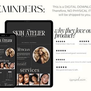 May include: A digital download advertisement for "The Skin Atelier by Savannah" displayed on a smartphone and tablet. The design features images of women, text, and a list of services. The text includes "REMINDERS" and customer reviews.