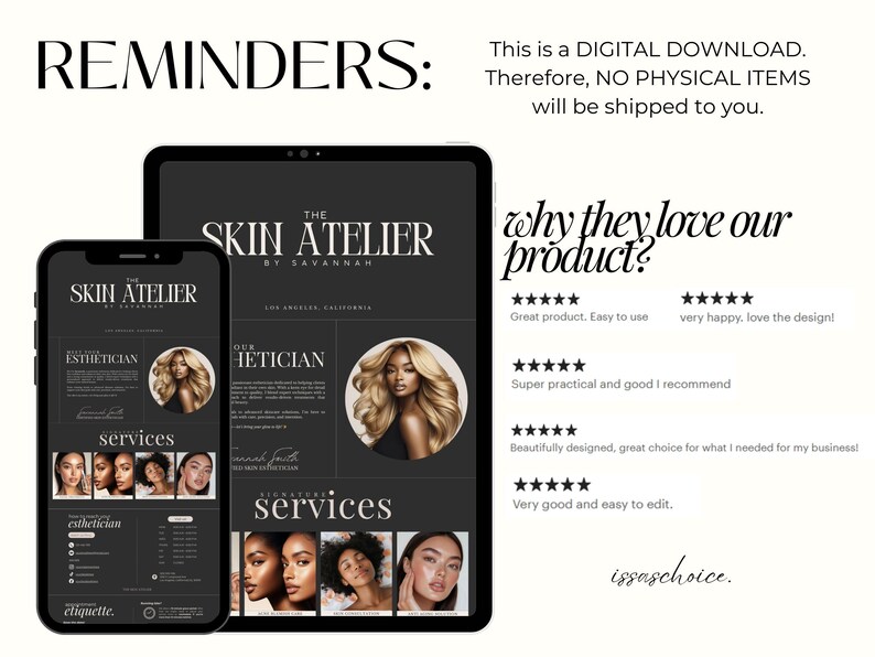 May include: A digital download advertisement for "The Skin Atelier by Savannah" displayed on a smartphone and tablet. The design features images of women, text, and a list of services. The text includes "REMINDERS" and customer reviews.