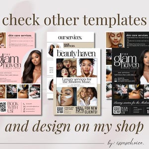 May include: A promotional image showcasing beauty salon templates. The image features flyers with text like "The Glam Haven Beauty Salon" and "Beauty Haven," highlighting services such as skincare, hair, and nails. The text "check other templates" and "and design on my shop" is also visible.