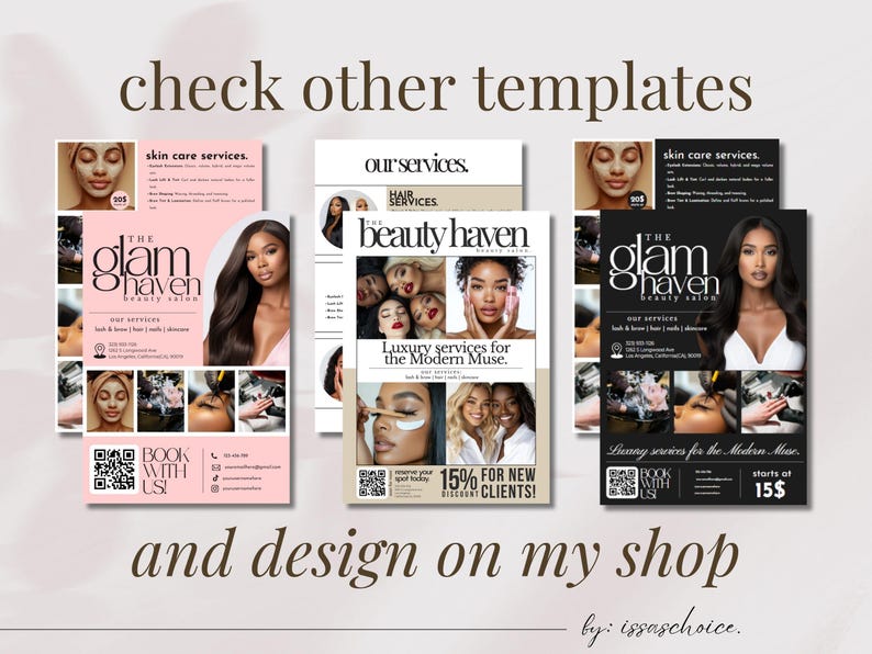 May include: A promotional image showcasing beauty salon templates. The image features flyers with text like "The Glam Haven Beauty Salon" and "Beauty Haven," highlighting services such as skincare, hair, and nails. The text "check other templates" and "and design on my shop" is also visible.