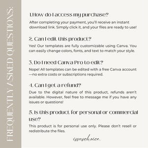 May include: Cream-colored digital product FAQ sheet with a vertical beige sidebar. The text includes questions about accessing purchases, editing, Canva Pro, refunds, and usage rights. The seller's name, issaschoice, is at the bottom.