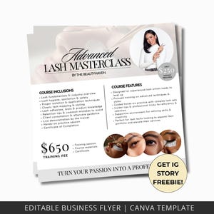 Puede incluir: Un folleto para una masterclass avanzada de pestañas. El folleto incluye información sobre el curso y sus características, con una tarifa de formación de $650. También incluye una foto de una mujer sosteniendo unas pinzas.