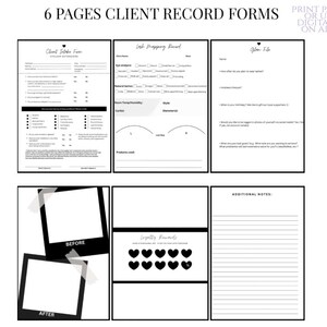 May include: A set of six client record forms with the text "6 PAGES CLIENT RECORD FORMS" at the top. The forms are in black and white and include sections for client intake, lash mapping, and additional notes. The words "PRINT PAGES OR USE DIGITALLY ON APPS" are also visible.