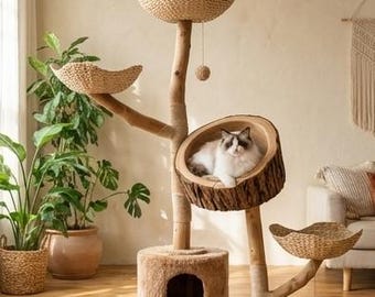 Árbol rascador multinivel de madera natural para gatos / Cesta tejida / Condominio moderno para gatos