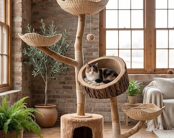 Multi-Level Cat Tree | Natural Wood Woven Basket Cat Condo
