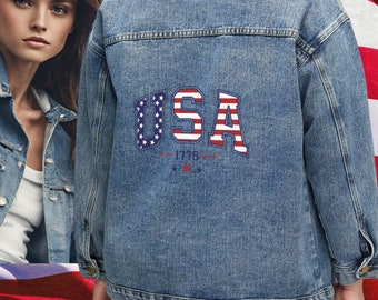 USA Jean Women's Denim Jacket Patriot 4th July Warm Sweater Jacket Gift Mother's Day gift Independence Day Wife Gift Jacket Christmast Gift