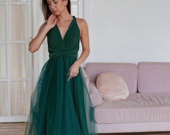 Emerald Green Infinity Dress Tulle, Emerald Green Bridesmaid Dress, Emerald Convertible Dress, Multiway Dress, Emerald Bridesmaid Dress