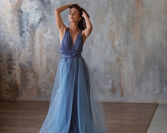 Steel Blue Wine Infinity Dress, Steel Blue Bridesmaid Dress Tulle, Convertible Dress, Multiway Dress For Wedding