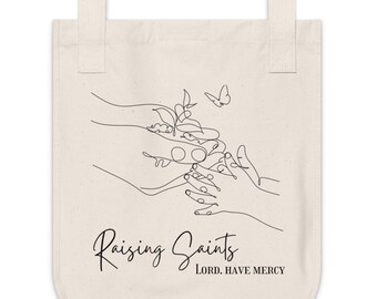 Mama's Raising Saints Lord Have Mercy Minimalist Reusable Organic Canvas Tote Gym Bag Sustainable Custom Family Name Delicate Garden Design