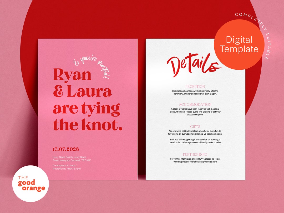 Pink and Red Wedding Invitation Template / Editable Modern Wedding ...