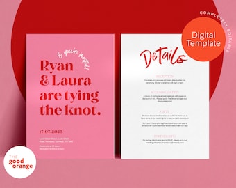 Pink and Red Wedding Invitation Template / Editable Modern Wedding Invite / Instant Digital Download / Colourful Wedding Stationery
