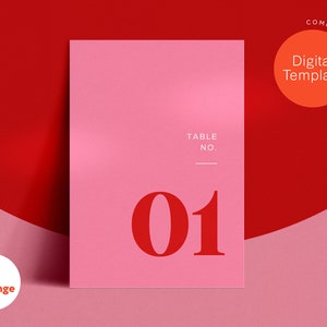 Modelo de número de mesa de casamento rosa e vermelho / Números de mesa de casamento modernos editáveis / Download digital instantâneo / Artigos de papelaria coloridos para casamento