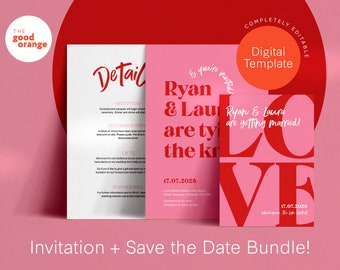 Bold Colorful Wedding Bundle / Pink and Red Wedding Invitation / Editable Instant Digital Download / Printable Wedding Stationery Template