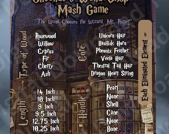 May include: A game card for Olivander's Wand Shop Mash Game, featuring a detailed layout with sections for wood type, core, length, handle, flexibility, and cost. The card includes text and illustrations.