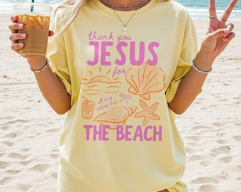 Tack Jesus för stranden-t-shirt, Comfort Colors strandsemestergrafik-t-shirt, sommarstrandresa-tröja
