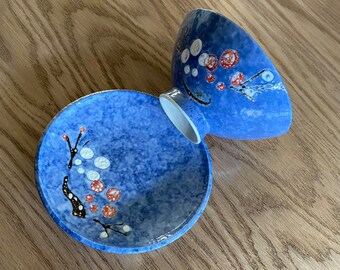 Asian bowl blue white hand painted flowers footed bowl Japanese style ceramic plate home decor-Japanese bowl set.