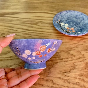 Asian bowl hand painted flowers footed bowl Japanese style.