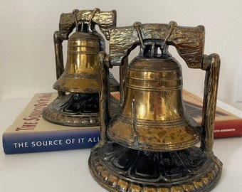 Vintage Mid-Century 1974 Liberty Bell Bookends Brass Set Two.