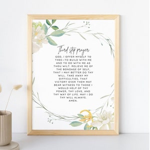 May include: A printable prayer card with a floral border. The text reads "Third step prayer" and includes a prayer for guidance and strength.