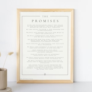 May include: A black and white printable wall art print with a motivational quote about personal development and promises. The text reads "The Promises" and includes a quote about how we will be amazed by our development if we are painstaking about this phase. The quote also mentions that we will know a new freedom and happiness, and that we will comprehend the word serenity and know peace.