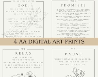 Peut inclure: Quatre impressions d'art numériques imprimables avec du texte noir sur fond blanc. Les impressions présentent des citations des 12 étapes des Alcooliques Anonymes. La première impression dit "Troisième étape de la prière Dieu, je m'offre à toi pour construire avec moi et pour faire avec moi comme tu le veux. Libère-moi de l'esclavage de moi-même, afin que je puisse mieux faire ta volonté. Enlève mes difficultés, afin que la victoire sur elles puisse témoigner de ceux que j'aiderais de ton pouvoir, ton..."