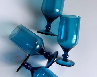 Hand Blown Peacock Blue Glasses, Vintage Teal Stemware, Mid-Century Modern Glassware, set of 4