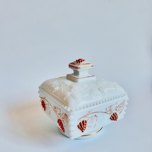 Vintage Westmoreland White Milk Glass Wedding Cake Dish/ Compote with Lid Hand Painted Gold