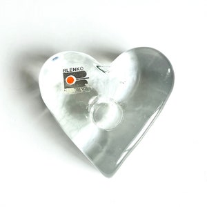 Vintage Blenko Handmade Heart Shaped Clear Candle Holder with Label
