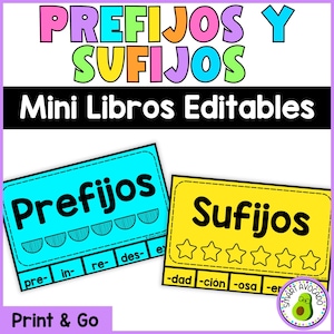 Könnte beinhalten: Lehrmittel mit den Worten "Prefijos y Sufijos" in leuchtenden Farben. Das Bild zeigt zwei Karten, eine blaue mit "Prefijos" und eine gelbe mit "Sufijos". Der Satz "Mini Libros Editables" ist ebenfalls vorhanden.