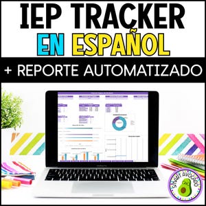 May include: A MacBook Pro laptop displays a spreadsheet with charts and data. The screen shows a purple and white interface with various graphs and tables. The text "IEP TRACKER EN ESPAÑOL + REPORTE AUTOMATIZADO" is at the top. A Smart Avocado logo is in the bottom right.