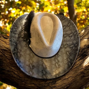 Pode incluir: Um chapéu estilo fedora com aba estampada com padrão de pele de cobra e coroa clara. Uma pena preta está presa na lateral. O chapéu está em um galho de árvore.