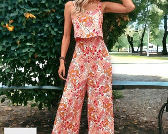 Zweiteiliger Frauen Overall - Sommerkleidung Damen - Blumen Overall - Jumpsuit - offener Rücken - einzigartiges Geschenk für Sie