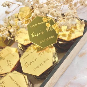 Engraved Gold Acrylic Mirror Tags: Custom Branding, Hexagon Charms
