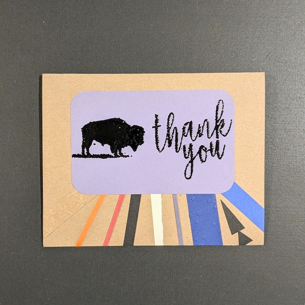 Blue thank you card with bison, Native American made (enrolled Laguna), eco-friendly, card and envelope from recycled paper