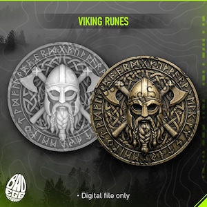 以下が含まれることがあります： 2つの円形バイキングルーンのデザインが表示されています。1つは明るいグレー、もう1つはブロンズです。それぞれにバイキングのヘルメット、交差した斧、周囲のルーン文字が特徴です。「VIKING RUNES」の文字が上部にあります。下部のテキストは「Digital file only」です。