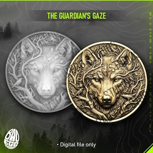 May include: Two circular designs featuring a wolf's face surrounded by tree branches. One is a grayscale image, and the other is gold-toned. The text "THE GUARDIAN'S GAZE" is at the top. The bottom text reads "Digital file only".