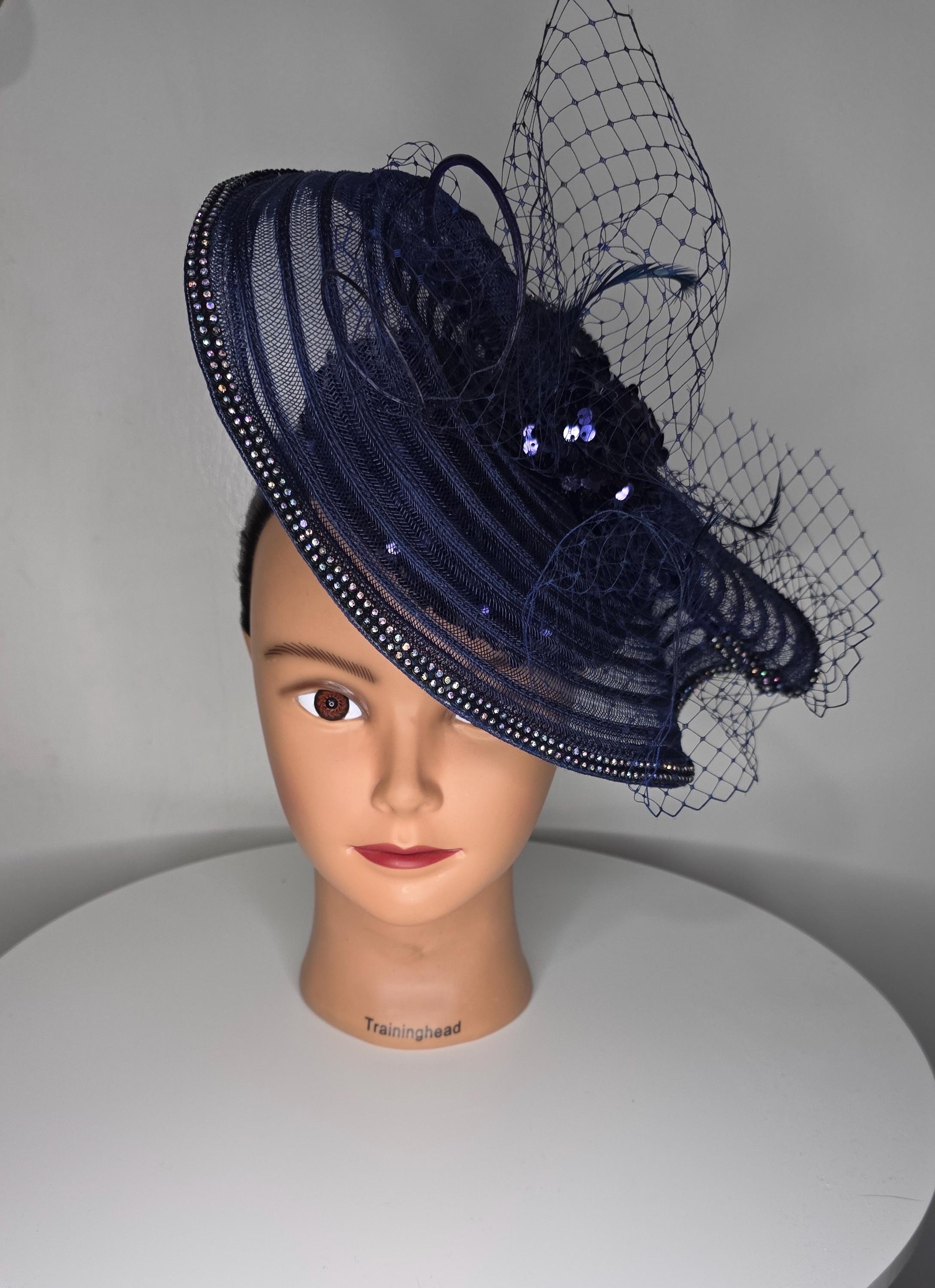 Elegant Navy and Silver Sequin Fascinator Vintage Navy Large Sinamay Disk Wedding Fascinator main image 3