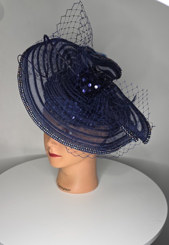Navy Blue Hat with Beaded Art Beaded Fedora Hat With Feathers - Etsy main image 3